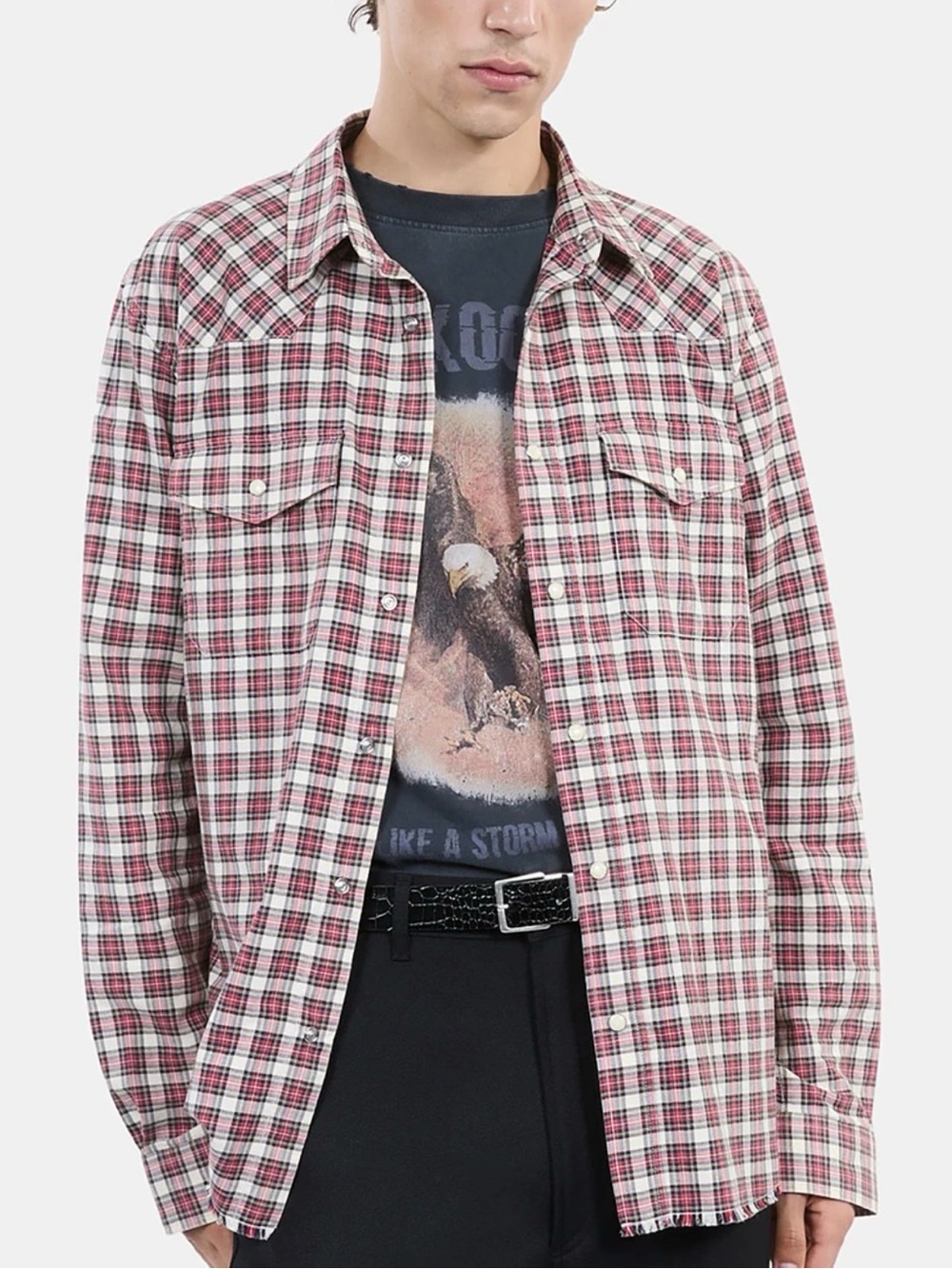NWT The Kooples Plaid Pearl Snap Raw Hem Shirt Men’s Large